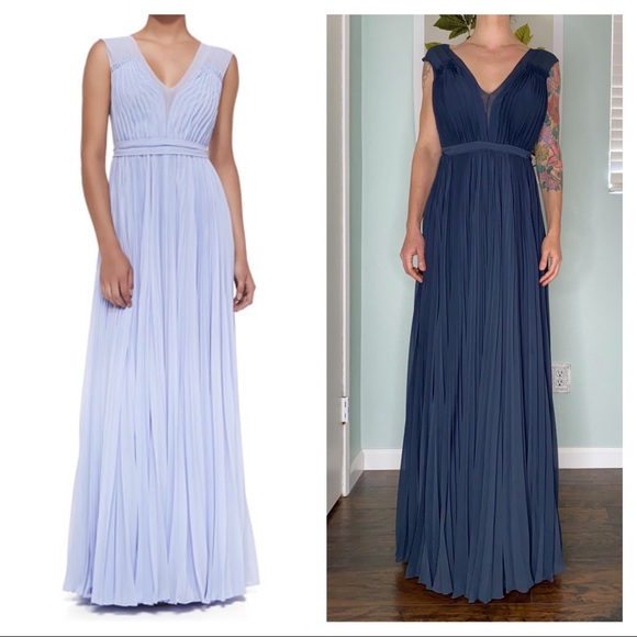 Rebecca Taylor V-neck Pleated Chiffon Floor Length Gown in Navy Blue size 4 - Picture 4 of 15